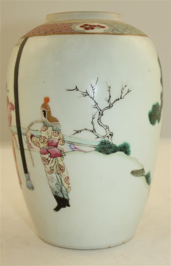 A Chinese famille rose ovoid jar, Qianlong four character mark, late 19th century, 19cm